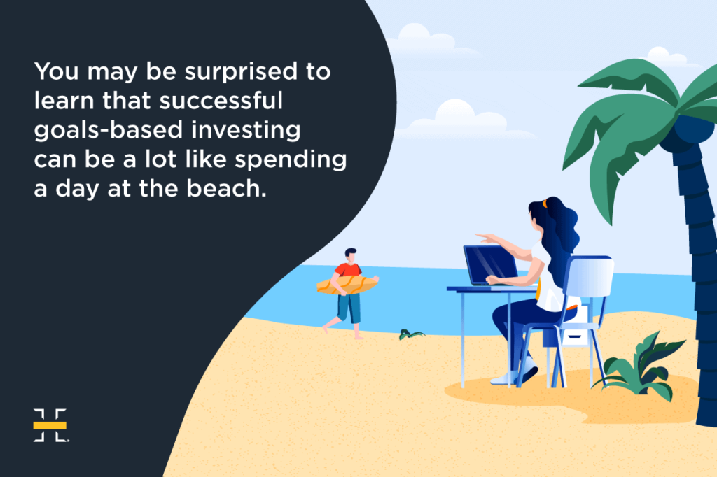 goals based investor sitting at a desk with laptop at the beach